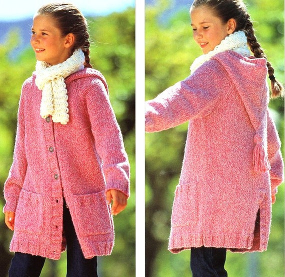 Childrens Duffle Coat Jacket Hooded Hood Tassel Pockets Back Vent Boys Girls ~ 22 - 30"~ Chunky 12 Ply Knitting Pattern Digital pdf Download