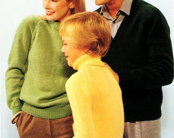Easy Family Round, Polo & V Neck Raglan Sweater Mens Womens Childrens 24" - 44" DK 8 Ply Light Worsted Knitting Pattern PDF Instant Download