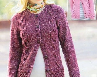 Womens Cable Aran Jacket Cardigan Round Neck or Collar Larger Sizes 32" - 54"~ Aran 10 Ply Worsted Knitting Pattern PDF Instant download