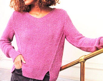 Womens Sweater Pullover Side Slits Fishermans Rib Panels Reverse Stocking Stitch Knitting Pattern 36" - 44"  ~ Sport 5 Ply PDF download