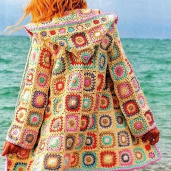 Granny Squares Boho Hooded Hoodie Jacket Coat 1970's Festival Hippie Size S-M ~  Fingering / 4-ply Crochet Pattern PDF Instant Download.