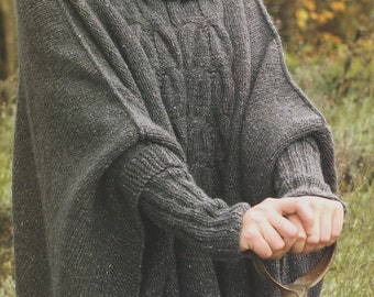 Womans Ladies Aran Cable Poncho Roll Neck & Inset Cuffs - One Size   Aran Wool - Knitting Pattern PDF Instant download