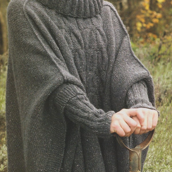 Womans Ladies Aran Cable Poncho Roll Neck & Inset Cuffs - One Size   Aran Wool - Knitting Pattern PDF Instant download
