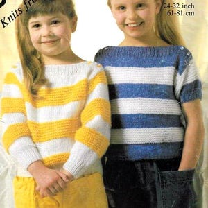Easy Boy Girl Button Shoulder Stripe Jumper Sweater Long or Short Sleeve~ 24 - 32&quot;  Knitting Pattern DK 8ply yarn PDF Digital Download