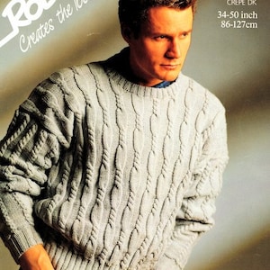Mens Cable Sweater Round Crew Neck  Drop Sleeves ~ 34&quot; - 50&quot; ~ DK 8 Ply Light WorstedKnitting Pattern PDF Instant Download