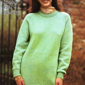 Easy Classic Round Neck Long Raglan Sweater Womans  All Wool Weights 32"- 46" ~ 4Ply DK Aran Chunky  Knitting Pattern PDF Instant download