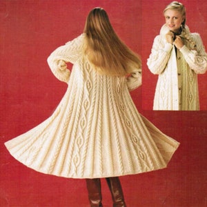 Womans Ladies Vintage 70's Long Swing Cable Aran Coat Jacket 34" - 38" Aran Wool Knitting Pattern PDF Instant download