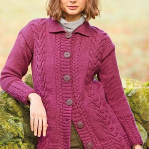 Womens Jacket Cardigan Cable Rib Collar Larger Sizes 32&quot;- 54&quot; Aran 10 Ply Worsted Knitting Pattern PDF download