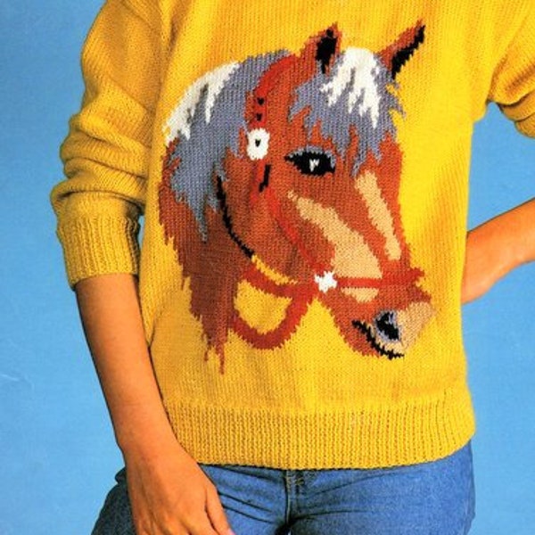 Family Horse Pony Sweater Knitting Pattern PDF,  Equestrian Picture Jumper Intarsia, 3 Necklines ~  DK 8 Ply Light Worsted26-42 inch