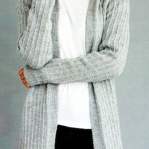 Woman&#39;s Easy Hooded Rib Longline Cardigan Jacket 32&quot;- 50&quot; Larger Sizes DK  8Ply  Knitting Pattern PDF Instant Download