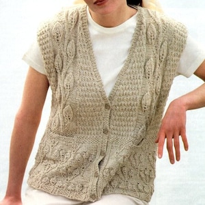 Woman Ladies Vest Waistcoat Vine Leaf 39" - 45"  Aran 10 ply PDF instant download Knitting Pattern