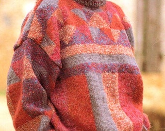 Patchwork Geometric Sweater Round Neck Drop Sleeve DK 32" - 42" ~ DK 8 Ply Light Worsted Knitting Pattern PDF Instant download