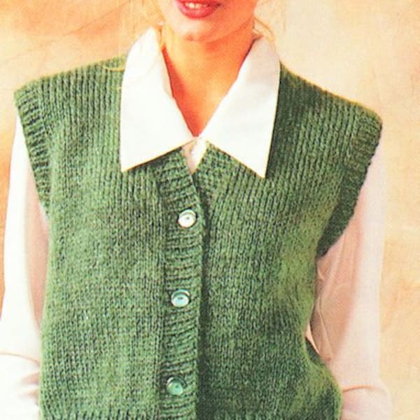 Easy Stocking Stitch V Neck Pockets Sleeveless Vest Waistcoat Gilet Womens 28" - 44" ~ Chunky 12 ply Knitting Pattern PDF Instant download