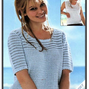 May include: A light blue crochet top with a loose fit and short sleeves. The top has a simple, openwork design. The image also shows a close-up of the top's neckline.