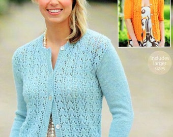 May include: A light blue knitted cardigan with a delicate lace pattern and button closure. The cardigan is shown on a model wearing a white top and white trousers. The image includes the text "Includes larger sizes".