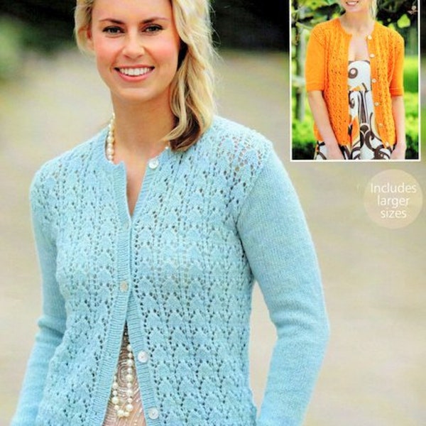 Womens Round Neck Lacy Raglan Cardigan Larger Sizes Short Sleeve Option 52 - 54"  DK 8ply Light Worsted pdf download DK Knitting Pattern