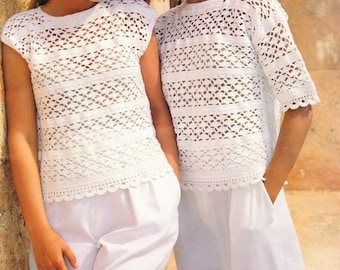 Womens Crochet Top Lacy Round Neck Short Sleeved & Sleeveless Sweater 28" - 42"  4 Ply Fingering Crochet Pattern/Instant PDF Download