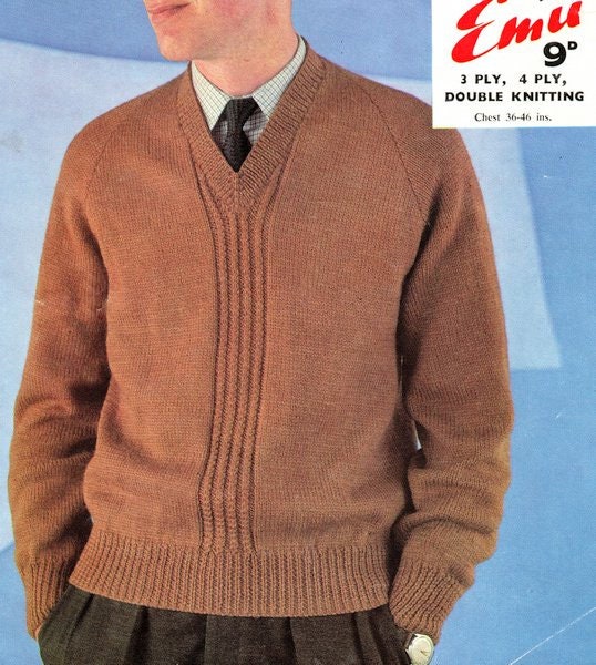 Men's Classic V Neck Rib Panel Raglan Sweater Pullover Jumper 32" - 46" ~ 3 Ply 4 Ply & DK Wool Knitting Pattern PDF Instant Download