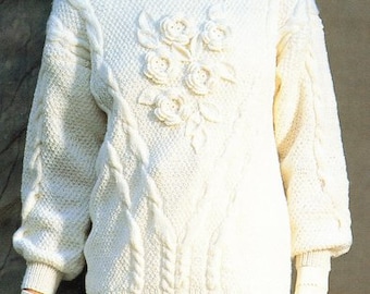 Unusual Cabled Aran Sweater, Crochet Applied Flower Leaf Panel,  Woman's 32 - 42"  ~ Aran 10 Ply Knitting Pattern PDF Instant download