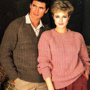 Easy Round & V Neck Ribbed Raglan Sweater Womens Mens 34&quot;- 44&quot; ~  Chunky 12 Ply Knitting Pattern PDF Instant download