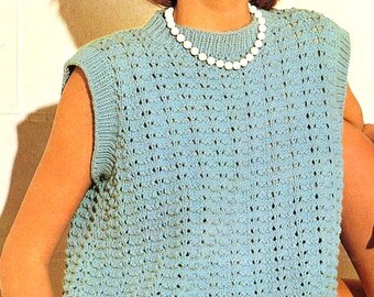 Womens Slipover Round Neck Lacy Eyelet Top Jumper Sweater Vest  32"-38" DK 8 Ply Light Worsted Wool Knitting Pattern PDF download