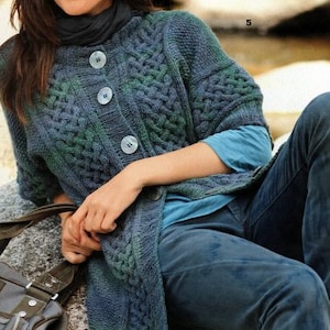May include: A blue and green knitted cardigan with a cable knit pattern and button closure. The cardigan is worn over a blue shirt and dark blue jeans.