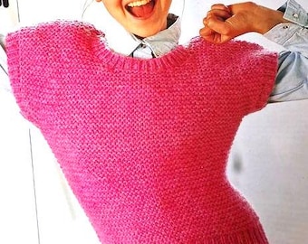 Easy Garter Stitch Womens Slipover Sleeveless Sweater Vest Round Neck Top   28-40" DK 8 Ply Light Worsted Wool Knitting Pattern PDF download