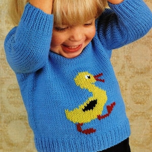 Sweater Baby Children Knitting Pattern Duck Chicken Bird Motif Picture Sweater 18&quot; - 24&quot;  8 Ply DK PDF Instant download