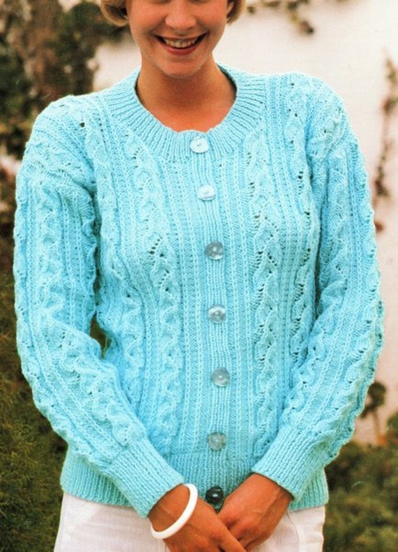 Rib & Lace Leaf Panel Textured Round Neck Drop Sleeve Cardigan Womans 30