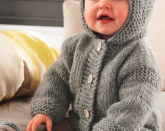 Easy Beginner Baby Jacket with Hood 3 - 24 mths - Chunky 12 Ply Wool Knitting Pattern PDF Instant download