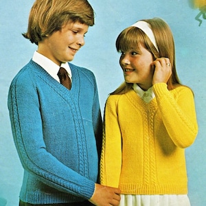 Child&#39;s V Neck, Raglan, Cable, Jumper, Sweater, Pullover, Boy or Girl  24 - 34 inch Chest ~ 4 Ply Fingering Knitting Pattern PDF download