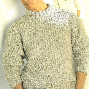 Mens Easy Knit Round or V Neck Textured Sweater 36&quot; - 46&quot;   Chunky Bulky 12 Ply Wool Knitting Pattern PDF Instant Download