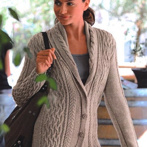 Womans Ladies Cabled Shawl Neck Cardigan S - XL ~ DK Cotton Light Worsted Knitting Pattern PDF Instant download