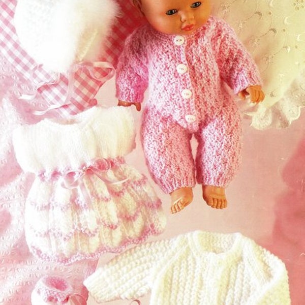 Baby Dolls Dress Bootees All in One Jacket Bonnet Dolls Clothes Outfit 14 inch Doll ~DK 8 Ply Light Worsted Knitting Pattern PDF download