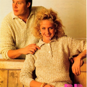 Polo Shirt Button Neck Collar Sweater Mans Womans Moss Rib  Textured  31&quot; - 45&quot; ~  DK 8 Ply Light Worsted Knitting Pattern PDF  download