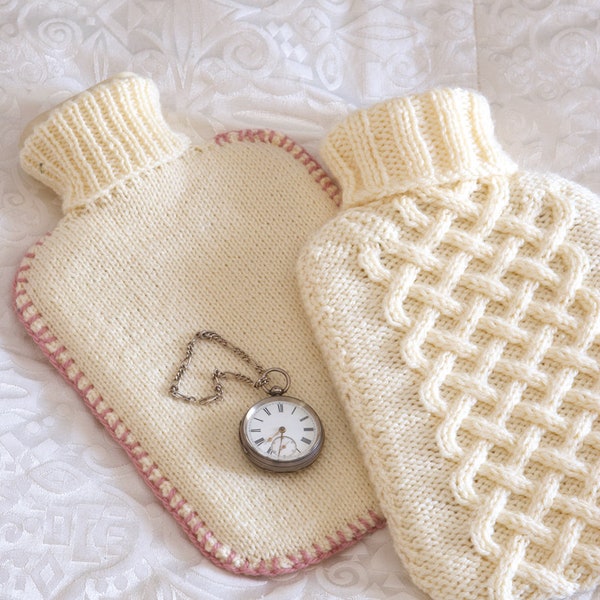 Hot water bottle covers- 2 designs on 1 pattern- Chunky and Aran  Wool  Knitting Pattern PDF Instant download