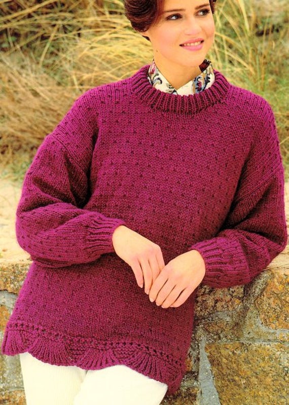 Woman Ladies Chunky Textured Longline Sweater Tunic Round Neck Fancy Hem  3040 Pdf Instant Download Chunky 12 Ply Knitting Pattern -  Canada