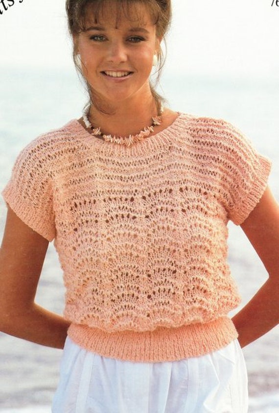 shéller scallop design knit tops Short Sleeve Summer Top Scallop Shell Pattern Round Neck