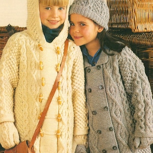 Childrens Baby Aran Duffle Coat Jacket Hooded Hood Hat & Mitts ~ 20&quot; - 30&quot;~ Aran 10 Ply Worsted Knitting Pattern Digital pdf Download