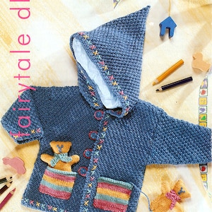Childrens Hooded Jacket Duffle Coat DK 8 Ply Light Worsted Knitting Pattern With Pocket Teddy 16&quot; -22&quot; Knitting Pattern PDF Instant download