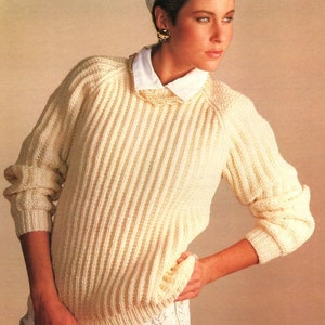 Womens  Round Neck Fishermans Rib Textured Raglan Sweater 32&quot; - 42&quot;   Aran 10 Ply Worsted Knitting Pattern PDF Instant Download