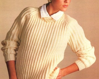 Womens  Round Neck Fishermans Rib Textured Raglan Sweater 32" - 42"   Aran 10 Ply Worsted Knitting Pattern PDF Instant Download