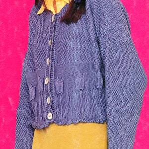 Womens Girls Tulip Motif Cardigan Round Neck S M L (see pic in description for sizes) ~ Cotton DK 8 Ply Knitting Pattern PDF download