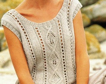 Ladies Summer Diamond Panel Lace Sleeveless or Short Sleeve Sweater Top   ~   32" - 42 " DK 8 PlyKnitting Pattern PDF Instant Download.