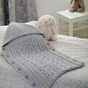 Baby Button Side Sleeping Bags with or without Hood Nest Bunting Cocoon Traditional     ~ Aran 10 Ply Knitting Pattern PDF Instant download