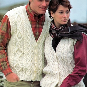 Aran Vest Waistcoat V Neck Traditional Diamond Cable Woman&#39;s Man&#39;s Size 32&quot; - 46&quot;  Aran 10 ply  PDF instant download DK Knitting Pattern