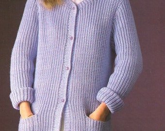 Woman's Ladies Fisherman's Rib Long Jacket Drop Sleeve Round Neck Pockets  32" - 42" ~ Sport 5 Ply Knitting Pattern PDF Instant Download