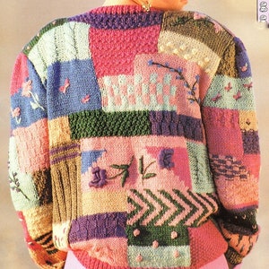 Patchwork Colour Block Jacket Cardigan Cable Bobble Flower Embroidery Woman's 34" - 36 "~  Aran 10 ply Knitting Pattern PDF Instant download