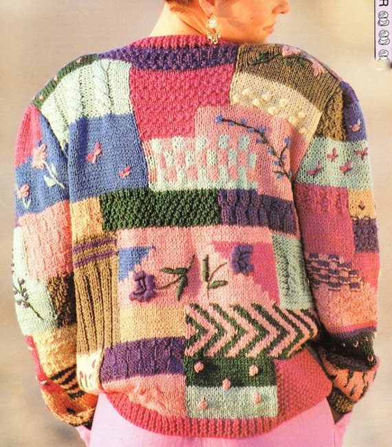 Patchwork Colour Block Jacket Cardigan Cable Bobble Flower