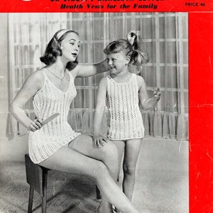 May include: A vintage advertisement for Strutt's Health Vest Cotton, featuring two women wearing white crocheted vests. The text on the advertisement reads "Strutt's Health Vest Cotton or Strutt's Dishcloth Cotton Health Vests for the Family Price 4d."